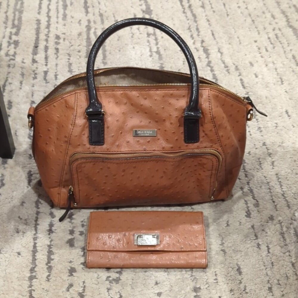 Kate Spade Combo Large Catalina purse and wallet in Cognac Ostrich leather